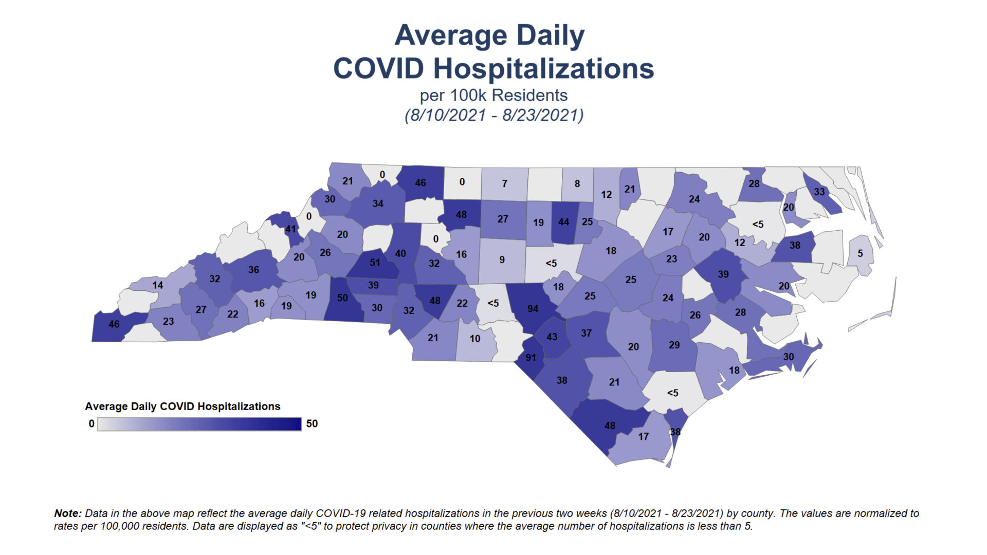 Map showing average daily hospitalizations in North Carolina.